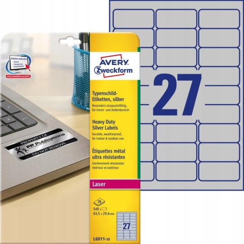 Etykiety Heavy Duty 63.5x29.6mm srebrne poliestrowe L6011-20szt AVERY ZWECKFORM Etykiety Heavy Duty 63.5x29.6mm srebrne poliestrowe L6011-20szt AVERY ZWECKFORM