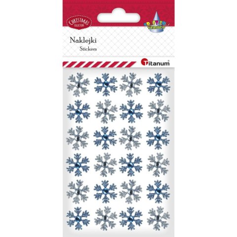Naklejki płatki śniegu z kryształkiem 21mm białe, niebieskie 24szt. 414519 TITANUM Naklejki płatki śniegu z kryształkiem 21mm białe, niebieskie 24szt. 414519 TITANUM