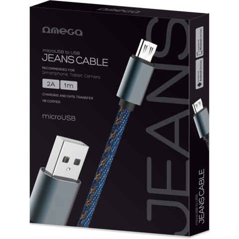 Kabel USB-A -> microUSB 1m 2A pleciony niebieski OMEGA JEANS (44200) Kabel USB-A -> microUSB 1m 2A pleciony niebieski OMEGA JEANS (44200)