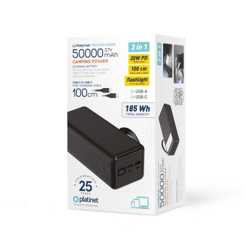 Powerbank 50000mAh 20W 2xUSB-A + 2xUSB-C + kabel USB-C -> USB-C + latarka PLATINET (45872)