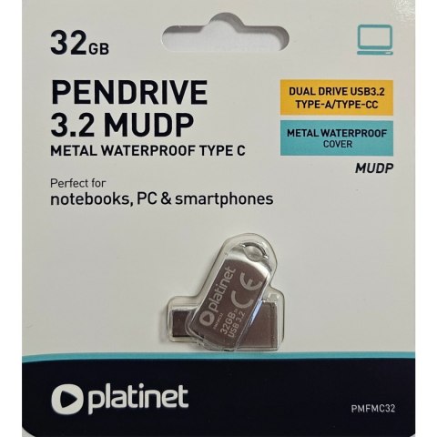 Pamięć USB-A/USB-C 32GB PLATINET MUDP USB 3.2 metalowy wodoodporny (45970) Pamięć USB-A/USB-C 32GB PLATINET MUDP USB 3.2 metalowy wodoodporny (45970)