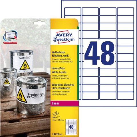 Etykiety poliester 45,7x21,2mm (20 arkuszy = 960 etykiet) L4778-20 AVERY ZWECKFORM Etykiety poliester 45,7x21,2mm (20 arkuszy = 960 etykiet) L4778-20 AVERY ZWECKFORM