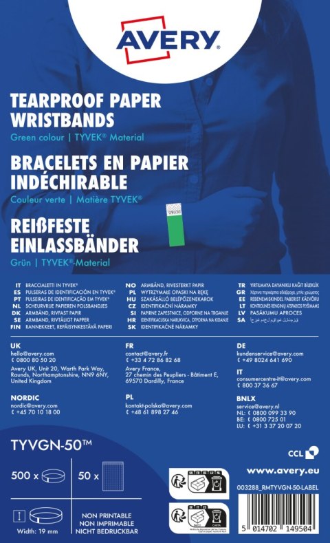 Opaski na rękę 256x19mm (50 arkuszy = 500 opasek) neonowe zielone TYVGN-50 AVERY Opaski na rękę 256x19mm (50 arkuszy = 500 opasek) neonowe zielone TYVGN-50 AVERY
