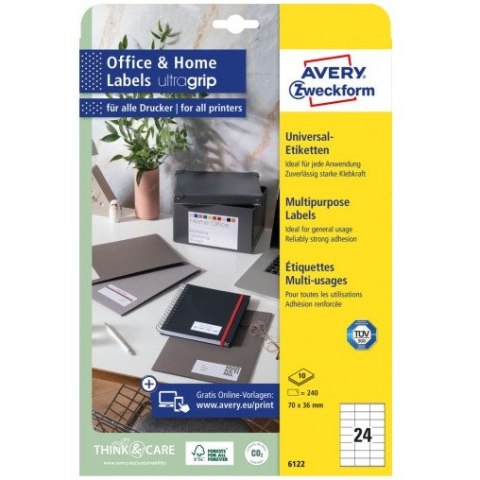 Etykiety białe ULTRAGRIP 70x36mm (10 arkuszy = 240 etykiet) 6122 AVERY ZWECKFORM