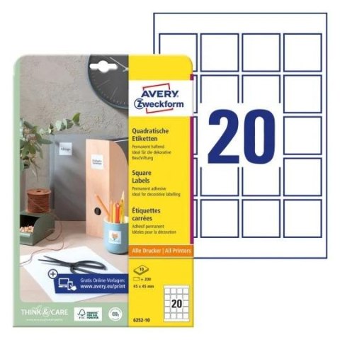 Etykiety kwadratowe 45x45mm (10 arkuszy=200 etykiet) 6252-10 AVERY ZWECKFORM Etykiety kwadratowe 45x45mm (10 arkuszy=200 etykiet) 6252-10 AVERY ZWECKFORM