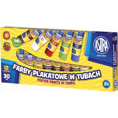 Farby plakatowe w tubkach szkolne 12 kolorów 30ml 83110901 ASTRA Farby plakatowe w tubkach szkolne 12 kolorów 30ml 83110901 ASTRA