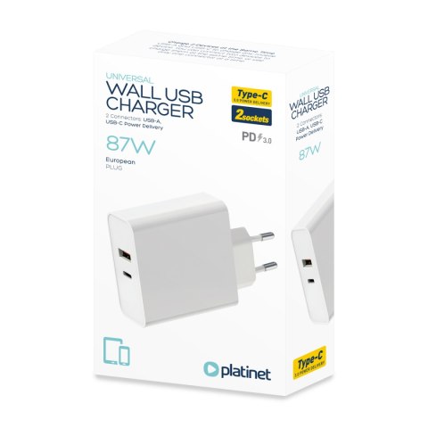 Ładowarka sieciowa 230V PLATINET 1xUSB-A + 1xUSB-C 87W biała (45768) Ładowarka sieciowa 230V PLATINET 1xUSB-A + 1xUSB-C 87W biała (45768)