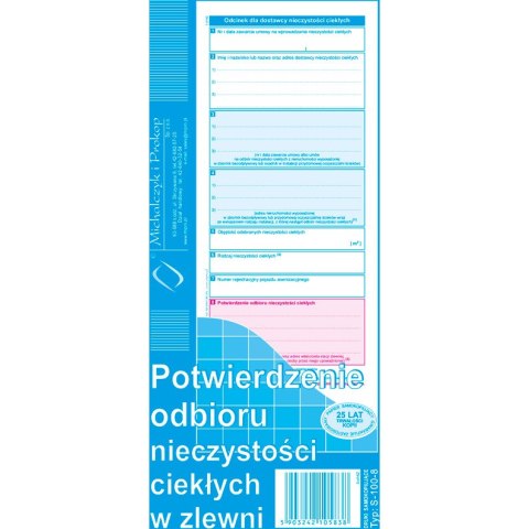 S-100-8 Potwierdzenie odbioru nieczystości ciekłych w zlewni MICHALCZYK I PROKOP S-100-8 Potwierdzenie odbioru nieczystości ciekłych w zlewni MICHALCZYK I PROKOP