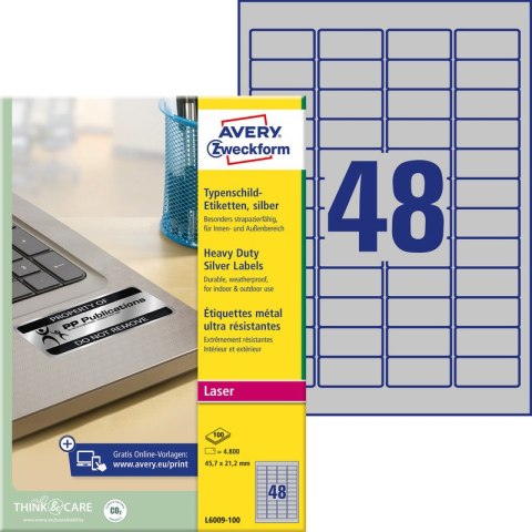 ETYKIETY A4 AVERY HEAVY DUTY 45,7*21,2mm SREBRNE 100szt