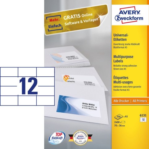 ETYKIETY A5 AVERY 70*36mm BIAŁE 200szt