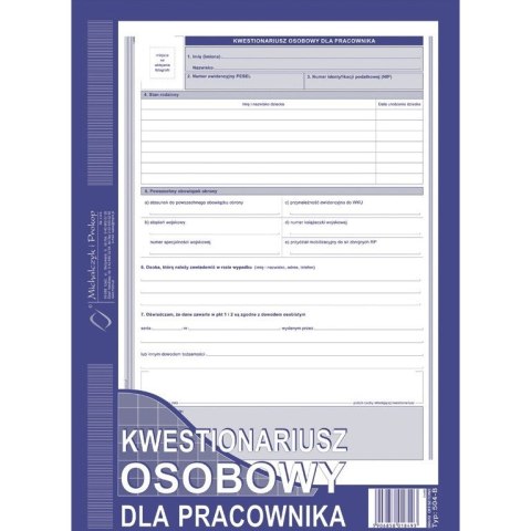 KWESTIONARIUSZ OSOBOWY DLA PRACOWNIKA A4 (OFFSET)