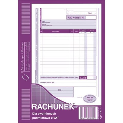 RACHUNEK DLA ZWOLNIONYCH Z VAT A5 (O+1K)