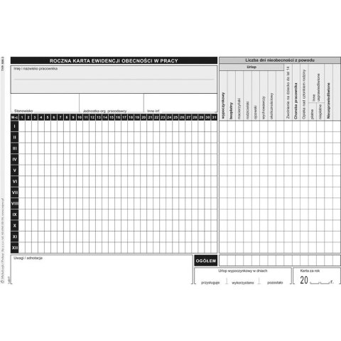 ROCZNA KARTA EWIDENCJI OBECNOŚCI W PRACY A5