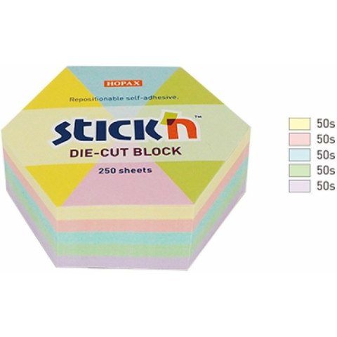 Karteczki Stick'n 61x70mm sześciokąt 5 kolorów 250szt