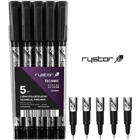 Cienkopisy kreślarskie Rystor Technic 0.1-0.8mm czarne 5szt