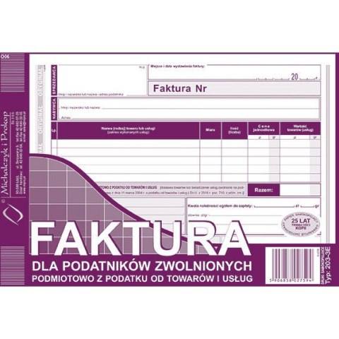 Faktura dla podatników zwol. podm. z podatku A5