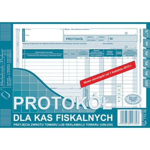PROTOKÓŁ DLA KAS FISKALNYCH PRZYJĘCIA ZWROTU A5 (O+1K)